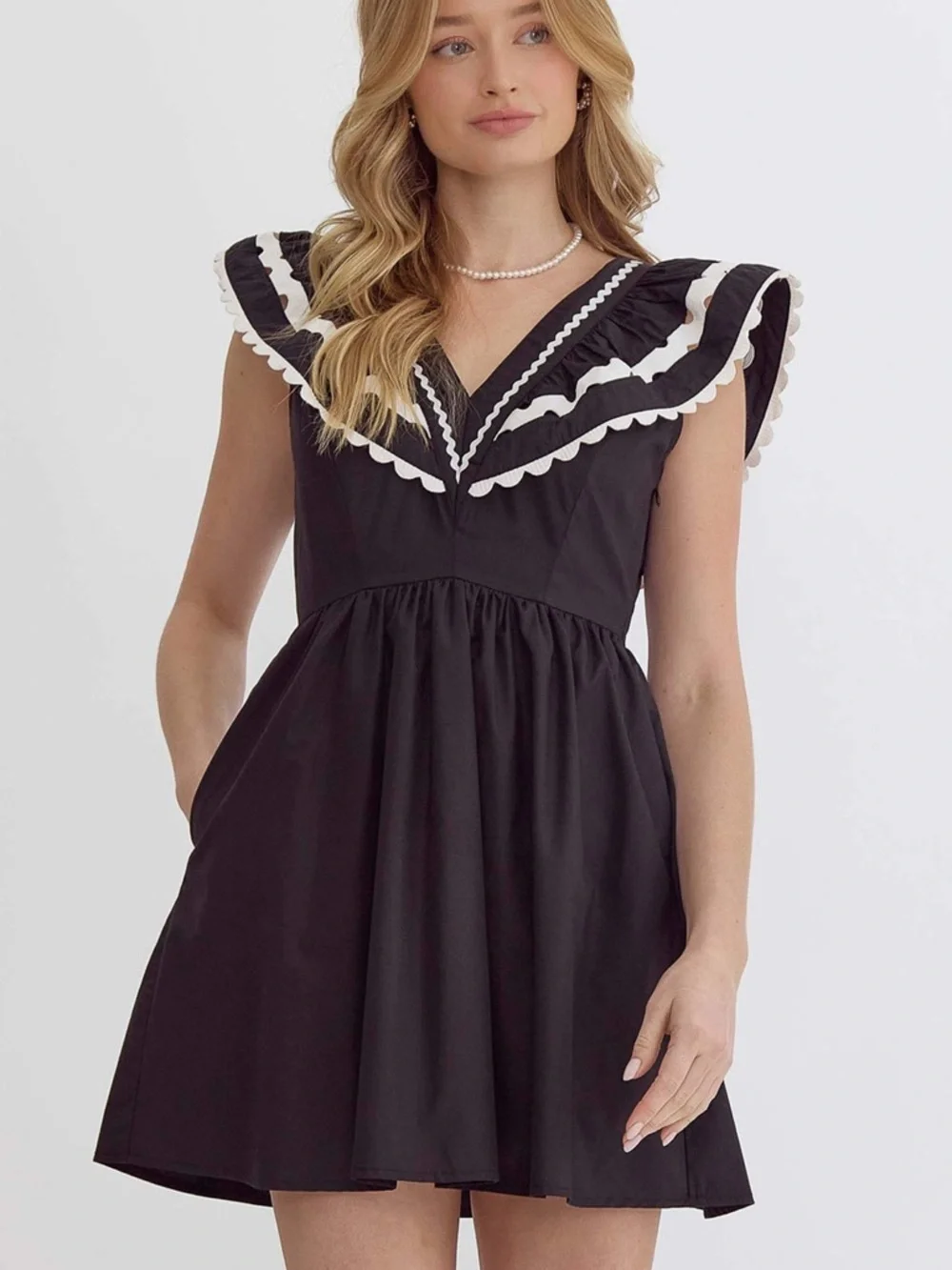 ENTRO Ric Rac Ruffle Mini Dress Black White Size Large NWT - Picture 4 of 15